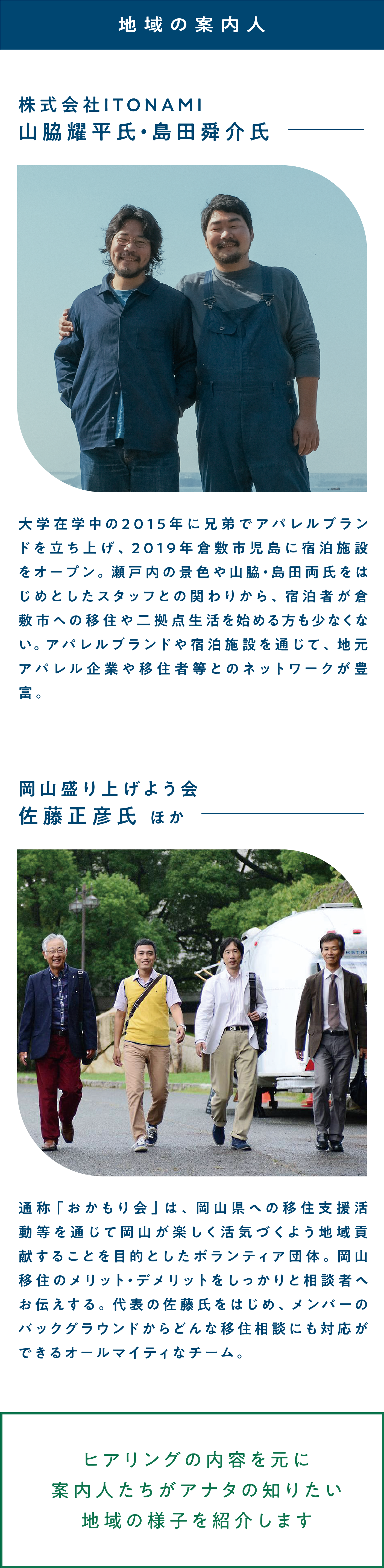 地域の案内人　ヒアリングの内容を元に案内人たちがアナタの知りたい地域の様子を紹介します